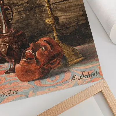 Plakat tihožitje s svečnikom, vazo in masko avtorja Egona Schieleja