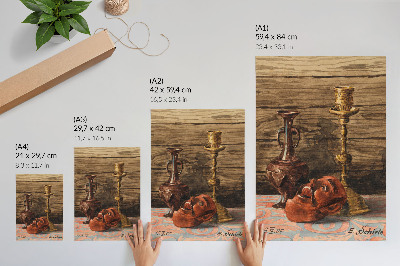 Plakat Tihožitje s svečnikom, vazo in masko, Egon Schiele
