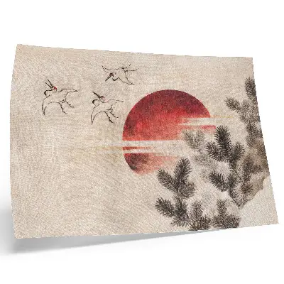 Plakat na platnu Ptice in sončni zahod, delo Katsushike Hokusaija iz Albuma skic iz leta 1814, starinski japonski lesorez
