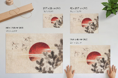 Plakat na platnu Ptice in sončni zahod, delo Katsushike Hokusaija iz Albuma skic (1814), starinski japonski lesorez