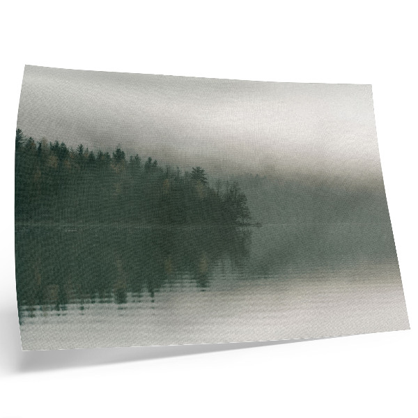 Plakat s teksturo platna Meglena gozdna pokrajina ob jezeru