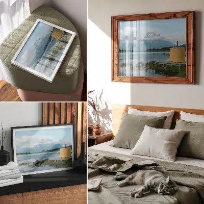 Plakat gore, jezero, oblaki in most