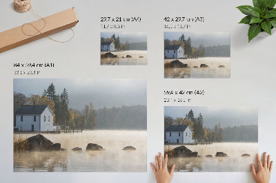 Plakat s teksturo platna Meglena pokrajina jezero koča drevesa jesen