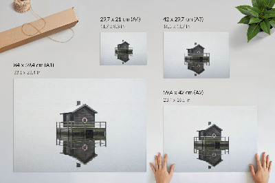 Plakat s teksturo platna Lesena koča ob vodi, simetrija, minimalizem