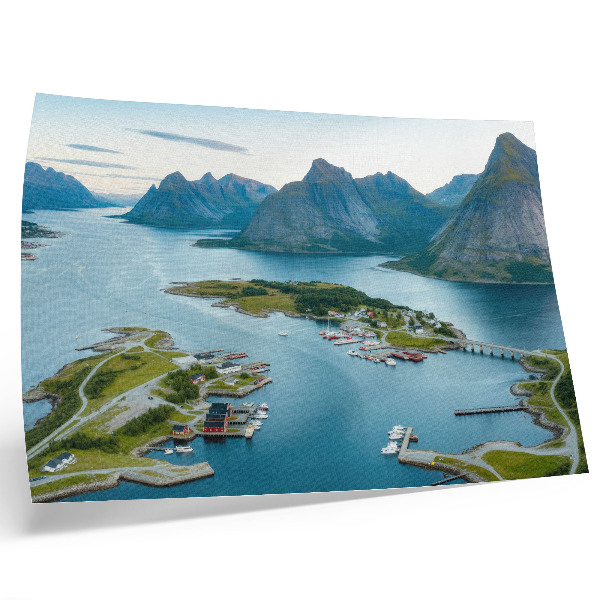 Plakat s teksturo platna Fjordi, gore, mesto, mir in harmonija