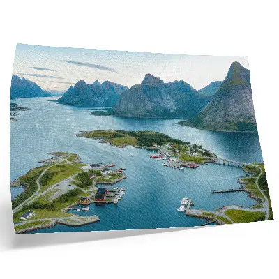 Plakat s teksturo platna fjord, gore, mesto, mir in harmonija