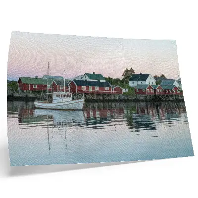Plakat s teksturo platna kubistične rdeče hiše ob jezeru