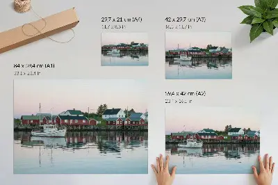 Plakat s teksturo platna kubistične rdeče hiše ob jezeru