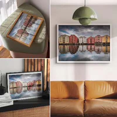 Plakat s teksturo platna barvite stavbe ob vodi v harmonični kompoziciji