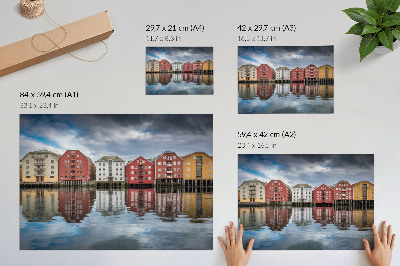 Plakat s teksturo platna Barvite stavbe ob vodi - harmonična kompozicija