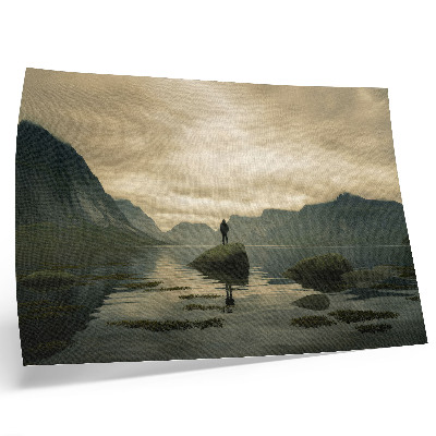 Plakat s teksturo platna Gore jezero oseba mirno harmonija narave