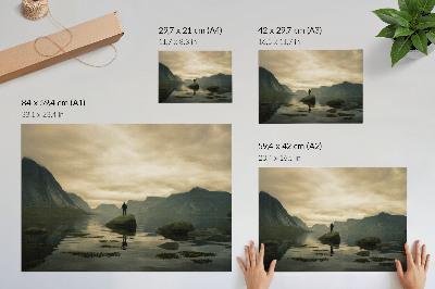 Plakat s teksturo platna Gore jezero oseba mirno harmonija narave