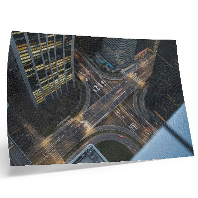 Plakat s teksturo platna Mestna panorama od zgoraj, luči ponoči, modernost