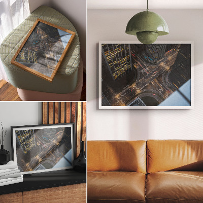Plakat s teksturo platna Mestna panorama od zgoraj, luči ponoči, modernost