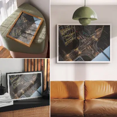 Plakat s teksturo platna mestna panorama z nočnimi lučmi v modernem slogu