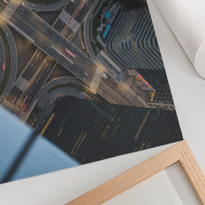 Plakat s teksturo platna Mestna panorama od zgoraj, luči ponoči, modernost