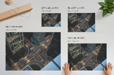 Plakat s teksturo platna Mestna panorama od zgoraj, luči ponoči, modernost