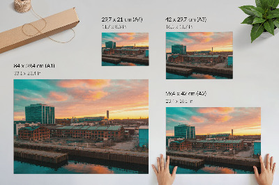 Plakat na platnu Industrijske stavbe, sončni zahod, mirno vzdušje