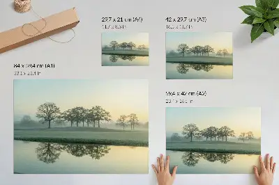 Plakat mirna vodna gladina z odsevom dreves in mehko meglo