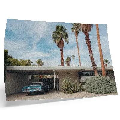 Plakat s teksturo platna z motivom eksotičnih palm moderne hiše in klasičnega avtomobila
