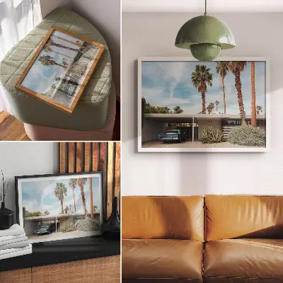 Plakat s teksturo platna z motivom eksotičnih palm moderne hiše in klasičnega avtomobila