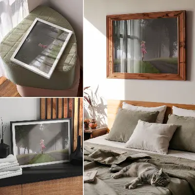 Plakat na platnu tekoča figura, aleja sredi megle in zelenih dreves