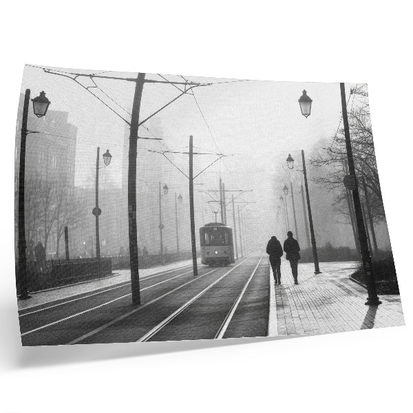 Plakat na platnu Tramvaj megla ulične svetilke mestno vzdušje