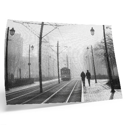 Plakat na platnu Tramvaj megla ulične svetilke mestno vzdušje