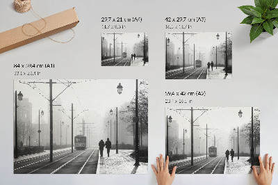 Plakat na platnu Tramvaj megla ulične svetilke mestno vzdušje
