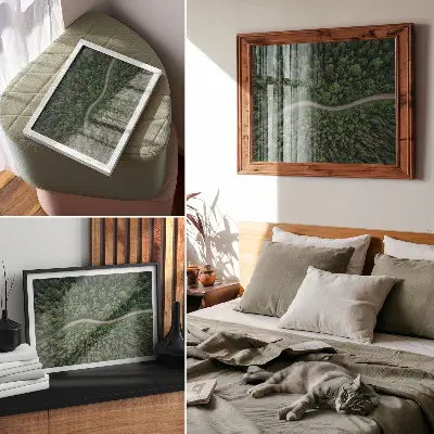 Plakat s teksturo platna zelena gozdna serpentinska cesta z mirnim vzdušjem