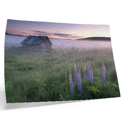 Plakat na platnu slikovita lesena koča v megli z rožami v naravi