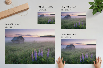 Plakat na platnu Lesena koča slikovita megla rože narava
