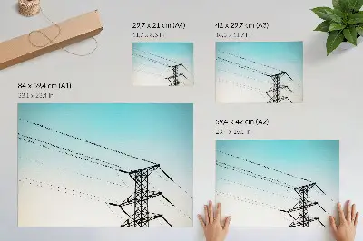 Plakat na platnu ptice na električnih žicah proti modremu nebu