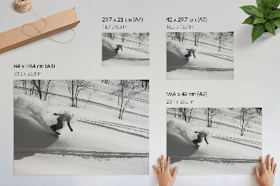 Plakat s teksturo platna Deskar na snegu v akciji, sneg, drevesa, kontrasti