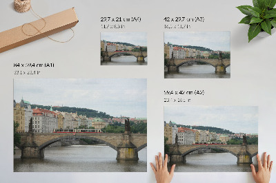 Plakat s teksturo platna Most čez reko s tramvajem, obdan s klasično arhitekturo