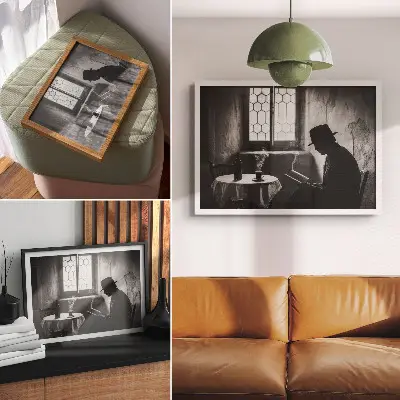 Plakat s teksturo platna črno-belo vzdušje z moškim s knjigo v slogu klasične elegance