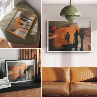 Plakat mesto zvečer z neonsko oranžnimi odsevi