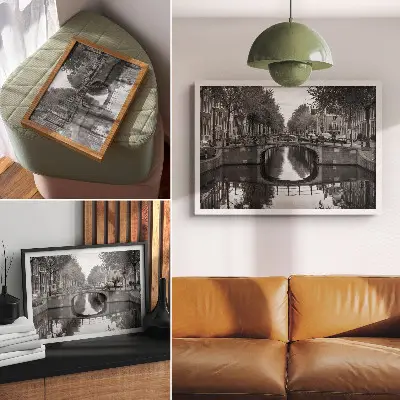 Plakat s teksturo platna črno-beli mostovi in urbani kanalski prostor