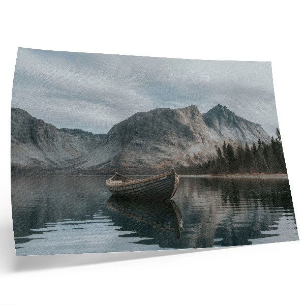 Plakat s teksturo platna Gore, jezero, čoln, mir, harmonija