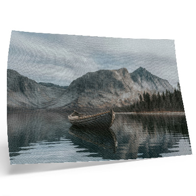 Plakat s teksturo platna Gore, jezero, čoln, mir, harmonija