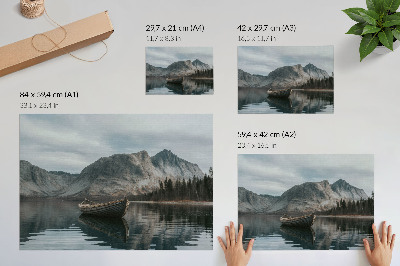 Plakat s teksturo platna Gore, jezero, čoln, mir, harmonija