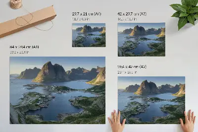 Plakat gore v mirnem zalivu s pisanimi hišami