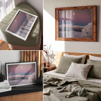 Plakat s teksturo platna zasnežene gore s pastelno roza luno