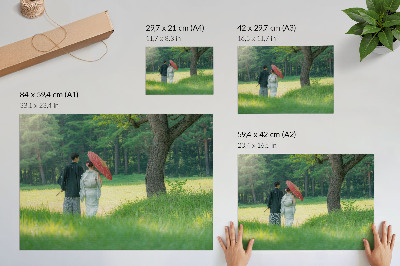 Plakat s teksturo platna Tradicionalna oblačila dežnik zelen travnik drevesa