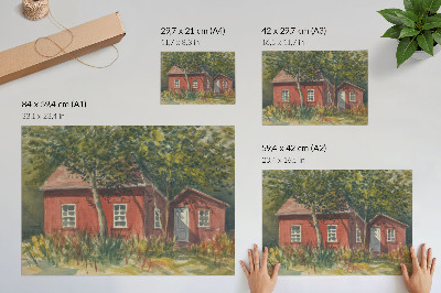 Plakat s teksturo platna Lesena hiša, drevesa, bujno zelenje, idilično