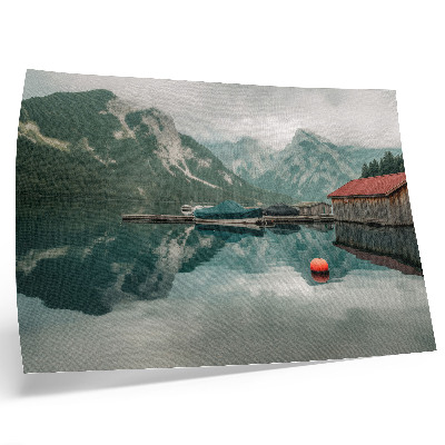 Plakat Odsev gorskega jezera mir leseni čolni