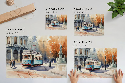 Plakat na platnu Eleganca akvarela starinskega mestnega tramvaja