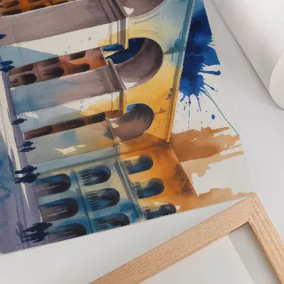 Plakat z motivom urbane arhitekture v akvarelni tehniki elegantne linije in madeži na teksturi platna