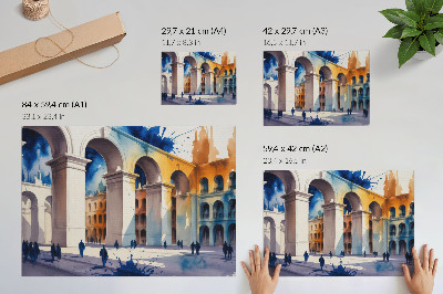 Plakat s teksturo platna Akvarel urbane arhitekture madeži elegantne loke