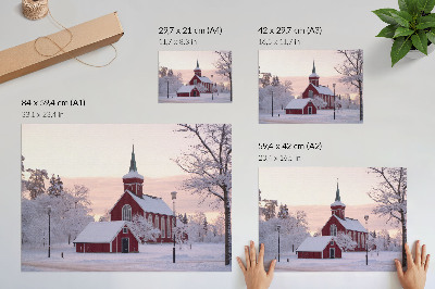 Plakat Rdeča kapela Zima Zasnežena drevesa Pastelno nebo